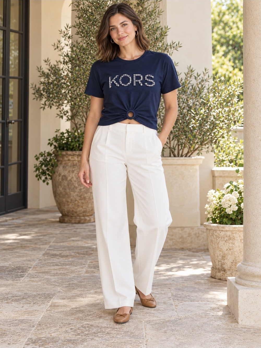 Michael Kors Navy Logo Short Sleeve Top with Front Ring Detail | M
